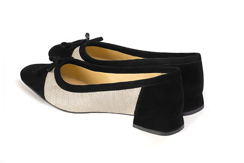 Matt black and natural beige women's ballet pumps, with low heels. Square toe. Flat flare heels. Rear view - Florence KOOIJMAN